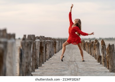 Female ballet dancer is posing on salt seashore - Shutterstock ID 2134918267