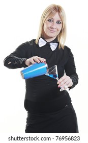 Female Bartender Making Cocktail Alcohol Drink Isolated On White Background In Studio