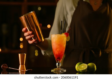 Female bartender making tasty Sex on the Beach cocktail in bar