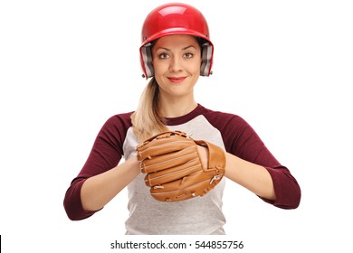 Female baseball player with a glove isolated on white background - Powered by Shutterstock