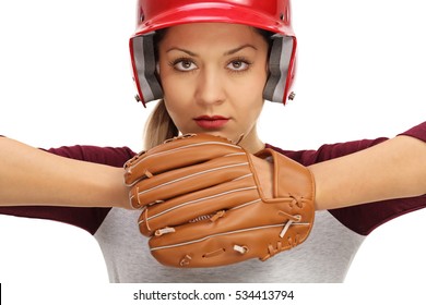 Female baseball player ready to pitch isolated on white background - Powered by Shutterstock