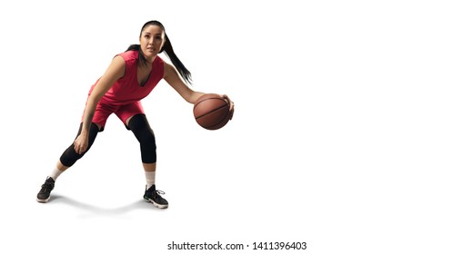 Female Basketball Player With Ball On Big Professional Arena 