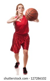 Female Basketball Player. Studio Shot Over White.