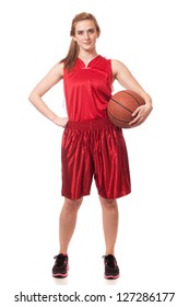 Female Basketball Player. Studio Shot Over White.