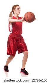 Female Basketball Player. Studio Shot Over White.