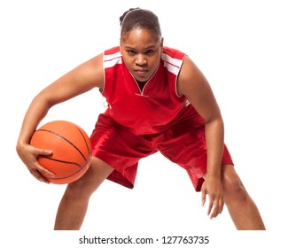 Female Basketball Player. Studio Shot Over White.