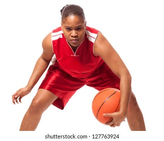 Female Basketball Player. Studio Shot Over White.