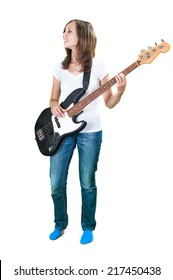 Female Bassist Player Isolated On White Background