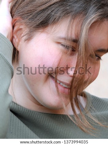 Similar – Image, Stock Photo young woman, pretty, plait, look away