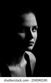 Female Beauty Portrait On Black Background Low Key Monochrome Image