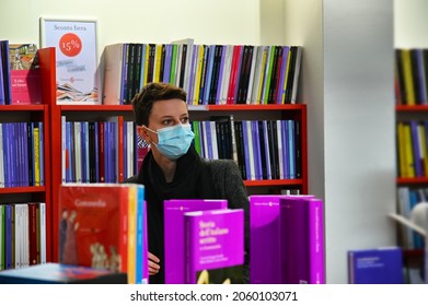 Female Beauty Wearing Protective Mask In A Bookshop Turin Italy October 17 2021