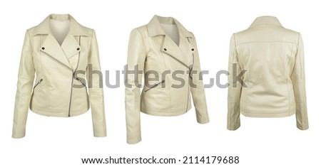 Female Beige Leather Jacket In 3 Different Angles, Women's Biker Jacket