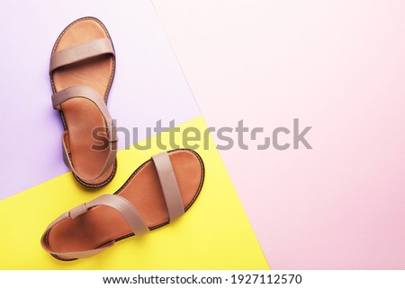Female beige sandals on colorful background