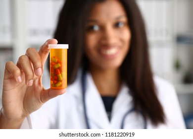 Female Black Doctor Hands Hold Jar Of Pills Closeup. Panacea Life Save Healthy Lifestyle Prescribe Treatment Legal Drug Store Contraception Concept