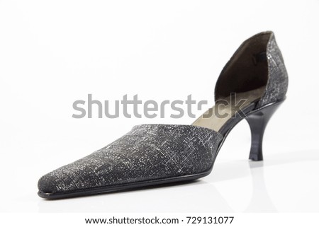 Female Black and Grey Leather Shoe on White Background, Isolated Product.