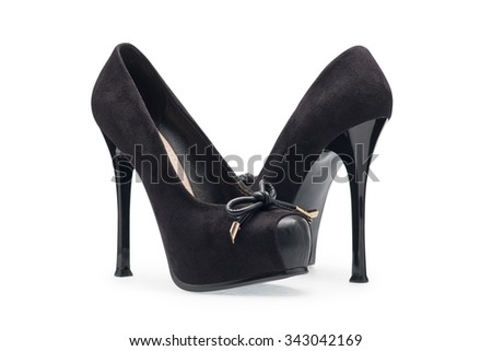 Female black high-heeled shoes with open toe on a white background