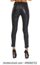 Female Black Leather Pants, Isolated On A White Background