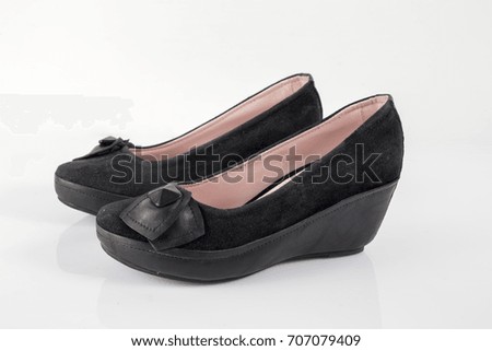 Female Black Leather Shoe on White Background, Isolated Product.