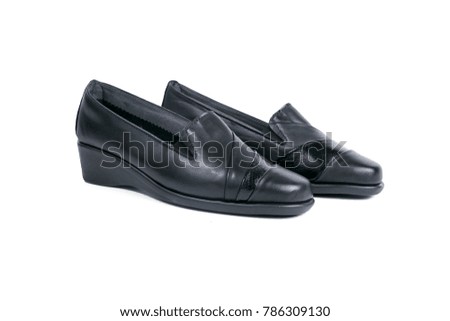 Female black leather shoe on white background, isolated product, comfortable footwear.