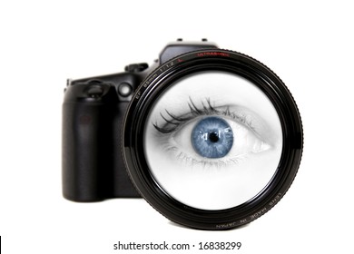 Female Blue Eye Looking Through A Digital Camera Lens