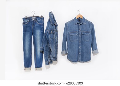 female Blue jeans with jeans ,jacket ,shirt on a hanging 