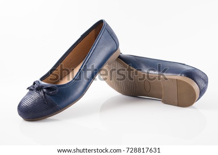 Female Blue Leather Shoe on White Background, Isolated Product.