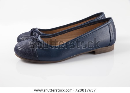 Female Blue Leather Shoe on White Background, Isolated Product.