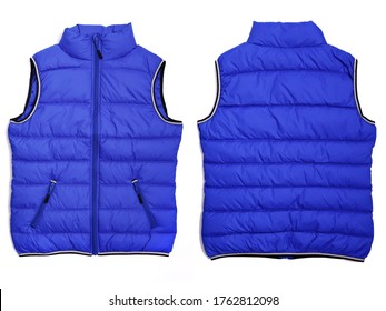 Female Blue Quilted Vest Isolated On White Background. Mockup. Both Sides