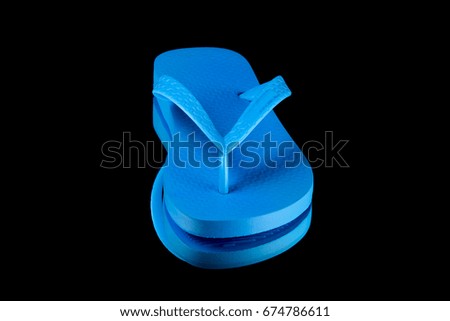 Female Blue Slipper on Black Background, Isolated Product, Top View, Studio.