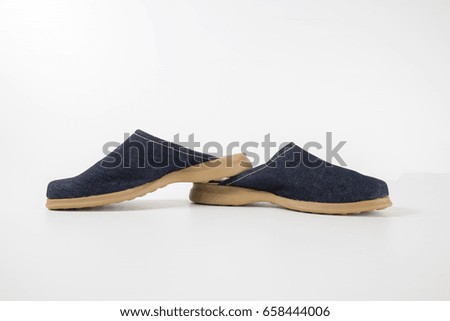 Female Blue Slipper on White Background, Isolated Product, Top View, Studio.