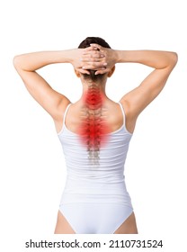 Female body, back view, with spinal column inside, thoracic and neck area highlighted red. Woman in white base underwear, isolated on white, vertical photo.