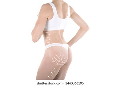 Female Body And Bum In Base Underwear. Lifting Marking With Arrows In Womans Butt And Hips, Isolated On White. Plastic Surgery, Buttock Augmentation, Dieting, Wellness, Health, Medicine, Liposuction