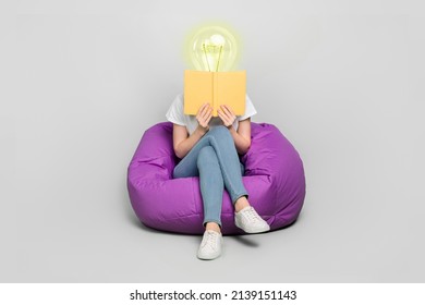 Female body of model with bright electric bulb instead head read book sit bean bag isolated on grey color background modern design learn concept - Powered by Shutterstock