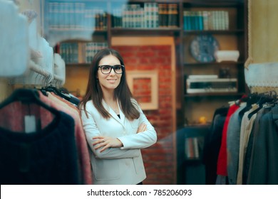 Female Boss Entrepreneur Small Business Owner Inside Store. Portrait Of A Business Woman Manager In Her Clothing Shop