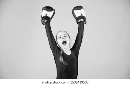 Female Boxer Change Attitudes Within Sport. Rise Of Women Boxers. Free And Confident. Girl Cute Boxer On Blue Background. With Great Power Comes Great Responsibility. Boxer Child In Boxing Gloves.