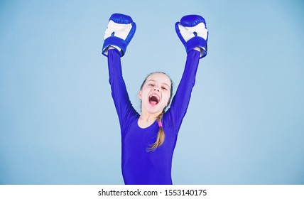 Female Boxer Change Attitudes Within Sport. Rise Of Women Boxers. Free And Confident. Girl Cute Boxer On Blue Background. With Great Power Comes Great Responsibility. Boxer Child In Boxing Gloves.