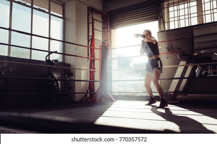 Female boxer doing shadow boxing inside a boxing ring. Boxer practicing her punches at a boxing studio. - Powered by Shutterstock