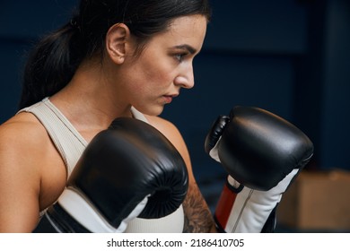 Female Boxer Portrait Preparing Hitting Huge Punching Bag At A Boxing Studio