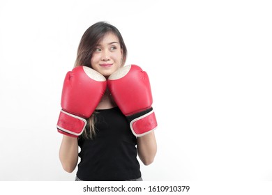 Female Boxing Gloves. Asian Female Boxer Isolated.