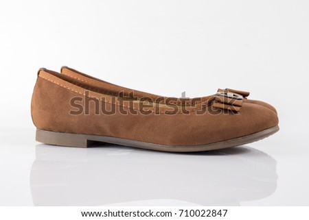 Female Brown Leather Shoe on White Background, Isolated Product.