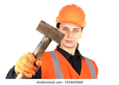 Female Builder With A Sledgehammer, Hammer In Hand Isolated On White