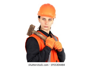 Female Builder With A Sledgehammer, Hammer In Hand Isolated On White