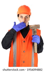 Female Builder With A Sledgehammer, Hammer In Hand Isolated On White