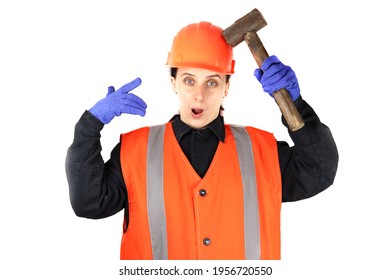 Female Builder With A Sledgehammer, Hammer In Hand Isolated On White