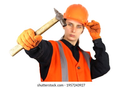 Female Builder With A Sledgehammer, Hammer In Hand Isolated On White