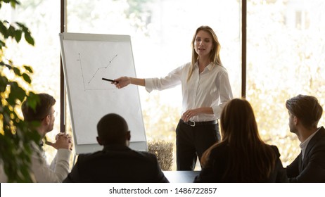 Female business coach speaker pointing on flip chart presenting work results graph at conference office meeting, businesswoman mentor presenter training staff group at corporate workshop presentation