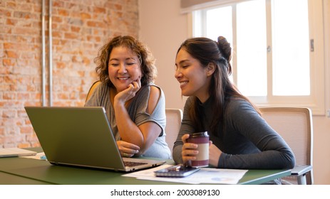 Female Business Women Looking At Laptop Screen In The Office
