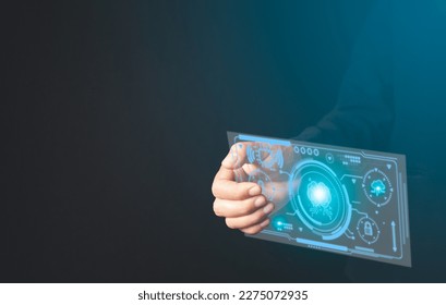 Female businesswoman hand holding transparent tablet showing virtual screen connected to robotic automation and ai technology, transforming data and applications. - Powered by Shutterstock