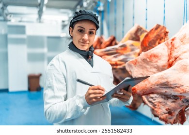 Female butcher making quality report writing notes in a clipboard in meat processing factory - Powered by Shutterstock