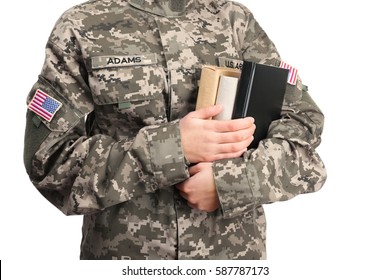 Female Cadet Of Military School On White Background, Closeup